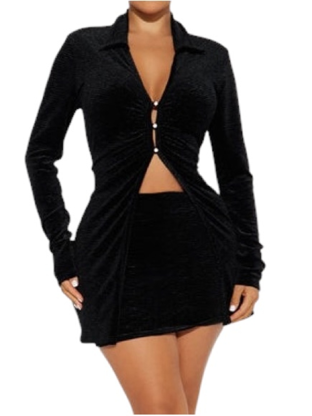 Fashion Nova Charming Behavior black velvet skirt set